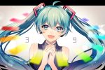  39 :d ahoge aqua_hair aqua_neckwear backlighting bare_shoulders blue_eyes blush collared_shirt gradient gradient_background grey_background grey_shirt hands_clasped hatsune_miku headphones light_particles long_hair looking_at_viewer melt_(vocaloid) necktie open_mouth own_hands_together rainbow_order shiny shiny_hair shirt smile solo twintails umemiya618 upper_body very_long_hair vocaloid wing_collar 