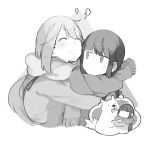  ^_^ bangs blush closed_eyes dog glider_(artist) greyscale hug imagining kagamihara_nadeshiko long_hair long_sleeves monochrome multiple_girls scarf school_uniform shima_rin simple_background smile white_background yurucamp 