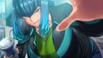  aqua_eyes blue_hair breasts cup day disposable_cup eyebrows_visible_through_hair huge_breasts leaning_forward long_hair looking_at_viewer original pov sidelocks solo space_jin tsurime zoe_(space_jin) 