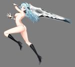  &gt;:o 1girl :o arched_back areola_slip areolae arm_ribbon ass bad_id bangs black_footwear blue_eyes blue_hair blush boots breasts choker closers copyright_name english fingernails floating_hair flower from_side full_body hair_ribbon hairband happening18 highres holding holding_sword holding_weapon huge_weapon leg_up long_hair looking_at_viewer matching_hair/eyes medium_breasts open_hand palms revealing_clothes ribbon rose shiny shiny_hair shoe_soles sideboob solo spread_fingers sword thong thong_panties violet_(closers) weapon wrist_cuffs 