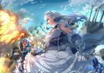  apron aqua_neckwear azur_lane bad_id bad_pixiv_id bangs bare_shoulders belfast_(azur_lane) black_dress black_gloves blue_eyes blue_sky bow braid breasts buttons chain cleavage cloud dress edinburgh_(azur_lane) explosion floating_hair french_braid frilled_apron frilled_dress frills gloves hair_bow looking_at_another machinery maid maid_apron maid_headdress medium_breasts multiple_girls neckerchief one_eye_closed open_mouth outdoors round_eyewear rusk_(canvas4ban) sailor_collar silver_hair skirt_hold sky smoke teeth turret waist_apron water white_apron white_bow white_sailor_collar 