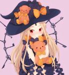  abigail_williams_(fate/grand_order) absurdres bangs black_bow black_hat blonde_hair blush bow closed_mouth commentary_request fate/grand_order fate_(series) hat hat_bow highres key keyhole long_hair looking_at_viewer object_hug orange_bow parted_bangs pink_background red_eyes revealing_clothes risa_(rh_319) simple_background smile solo stuffed_animal stuffed_toy teddy_bear topless v-shaped_eyebrows very_long_hair witch_hat 