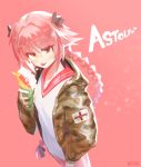  artist_name astolfo_(fate) bangs bespectacled black_bow bow braid camouflage_jacket character_name closed_mouth clothes_writing commentary crepe double_vertical_stripe eating eyebrows_visible_through_hair eyelashes eyes_visible_through_hair fang fate/apocrypha fate_(series) food from_above glasses hair_between_eyes hair_bow hair_intakes half-closed_eyes hand_up holding holding_food hood hood_down hooded_jacket jacket long_hair long_sleeves looking_at_viewer looking_up male_focus multicolored_hair open_clothes open_jacket otoko_no_ko pants patch pink_background pink_hair red_eyes red_pants red_sailor_collar sailor_collar semi-rimless_eyewear shiny shiny_hair shirt simple_background single_braid smile solo sparkle streaked_hair tongue tongue_out two-tone_hair under-rim_eyewear very_long_hair white_hair white_shirt wootsang yellow-framed_eyewear 