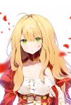  :o ahoge alternate_hairstyle bad_id bad_pixiv_id breasts cleavage cleavage_cutout collarbone colored_eyelashes dress eyebrows_visible_through_hair facial_scar fate/extra fate_(series) hair_down highres juliet_sleeves long_hair long_sleeves looking_at_viewer medium_breasts nero_claudius_(fate) nero_claudius_(fate)_(all) ongyageum open_mouth petals puffy_sleeves red_dress scar shiny shiny_hair simple_background solo upper_body white_background 