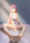  1girl barefoot darling_in_the_franxx feet feet_together green_eyes long_hair panties pink_hair pov pov_feet smile soles strap_slip toes zero_two_(darling_in_the_franxx) 