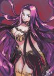  2017 absurdly_long_hair armor bikini_armor black_armor breasts closed_mouth dated eyebrows fate/grand_order fate_(series) floating_hair gorgon_(fate) hair_intakes large_breasts long_hair looking_at_viewer medu_(rubish) midriff navel purple_eyes purple_hair red_pupils rider scales showgirl_skirt solo stomach straight_hair very_long_hair 