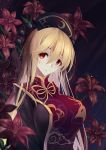 black_dress blonde_hair breasts chinese_clothes commentary_request dress hair_between_eyes hat junko_(touhou) large_breasts long_hair long_sleeves looking_at_viewer red_eyes solo touhou upper_body z.o.b 
