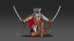  2015 4_fingers anthro assassin&#039;s_creed brown_bottomwear cat clothed clothing covered_eyes dual_wielding english_text ezio_auditore feline front_view full_portrait fully_clothed fur gradient_background grey_background grey_clothing grey_fur grey_topwear hidden_blade holding_object holding_weapon hood katana knee_boots kneeling krezz_karavan makogrey male mammal melee_weapon pants schooldays siamese simple_background solo spread_arms sword tan_footwear text video_games weapon whiskers white_clothing white_topwear 