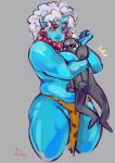  2018 amber_eyes ambiguous_gender anonymous between_breasts big_breasts big_thighs biped blue_horn blue_skin breast_smother breasts clothed clothing colored_nails curly_hair demon digital_drawing_(artwork) digital_media_(artwork) duo ear_piercing eyeshadow eyewear female female/ambiguous flying_sweatdrops front_view frown grey_background grey_skin guwu hair half-closed_eyes headlock hi_res horn huge_breasts human human_on_humanoid humanoid humanoid_hands larger_female loincloth looking_down makeup mammal not_furry nude oni ono_(guwu) pearl_necklace piercing pointy_ears portrait red_nails shocked short_hair simple_background size_difference slightly_chubby smaller_ambiguous smothering standing sunglasses sweat sweatdrop three-quarter_portrait topless unamused white_hair 