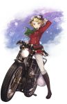  adjusting_headwear black_gloves blonde_hair blue_eyes blue_sky full_body gloves goggles goggles_on_head green_scarf ground_vehicle highres jane_mclean looking_at_viewer motor_vehicle motorcycle official_art pants princess_principal princess_principal_game_of_mission sack scarf sky smile snowflakes solo transparent_background white_pants 