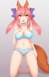  absurdres animal_ears bad_id bad_pixiv_id blue_bra blue_panties blue_ribbon bow bra breasts cleavage collarbone fang fate/extra fate_(series) fox_ears fox_tail grey_background groin hair_bow hand_on_own_chest highres large_breasts navel open_mouth panties pink_hair rachione ribbon simple_background solo stomach tail tamamo_(fate)_(all) tamamo_no_mae_(fate) underwear underwear_only yellow_eyes 