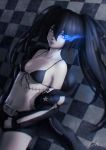  bangs bare_shoulders belt belt_buckle bikini_top black_hair black_jacket black_rock_shooter black_rock_shooter_(character) black_shorts blue_eyes blue_lips blurry breasts brown_belt buckle burning_eye checkered checkered_background closed_mouth collarbone commission cowboy_shot dutch_angle expressionless floating_hair front-tie_bikini front-tie_top glowing glowing_eye hair_between_eyes jacket legs_together lips long_hair long_sleeves looking_at_viewer looking_to_the_side navel nose off_shoulder open_clothes open_jacket scar shade short_shorts shorts signature small_breasts solo standing star stomach string_bikini striped_jacket twintails umigraphics unzipped white_skin zipper zipper_pull_tab 