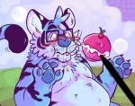  2016 4_fingers anthro belly big_belly black_fur blue_fur blue_nose blue_pawpads blush cherry claws cute digital_drawing_(artwork) digital_media_(artwork) dipstick_tail eating eyewear feeding feline fluffy food fruit fur glasses green_eyes male mammal multicolored_fur multicolored_tail nintendo nude overweight pawpads paws pok&eacute;_puff pok&eacute;mon pok&eacute;mon-amie pok&eacute;mon_(species) raccoonkind simple_background solo stylus taylor_james tiger video_games weight_gain 