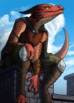  anthro armor castle claws cloak clothed clothing cloud detailed_background dungeons_&amp;_dragons kobold maggock reptile scalie smile solo vambraces vest yellow_eyes 