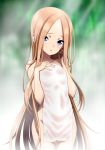  :o abigail_williams_(fate/grand_order) bangs blue_eyes blurry blurry_background blush breasts collarbone commentary_request covering cowboy_shot depth_of_field eyes_visible_through_hair fate/grand_order fate_(series) forehead hand_in_hair hand_up head_tilt isse light_brown_hair long_hair looking_at_viewer nude_cover parted_bangs parted_lips small_breasts solo thigh_gap towel very_long_hair wet wet_towel 
