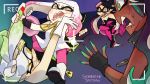  16:9 2017 angry bare_shoulders beauty_mark boots callie_(splatoon) camera_view cephalopod clothing crown dark_skin dress ear_piercing fangs female fight fingerless_gloves fist footwear gloves green_eyes green_hair group hair hat headphones hi_res humanoid inkling jacket jewelry long_hair marie_(splatoon) marina_(splatoon) marine mask nintendo not_furry octoling octopus open_mouth orange_eyes pearl_(splatoon) piercing pointy_ears pulling_hair recording serpentinesaltern_(artist) short_hair signature sitting splatoon squid surprise tentacle_hair tentacles video_games 