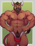  2018 5_fingers abs animal_genitalia anthro areola beard biceps bovine brown_hair brown_nipples brown_penis brown_tail cattle clenched_teeth clothed clothing eyebrows facial_hair flexing green_eyes hair hi_res horn humanoid_hands humanoid_penis jockstrap knuxlight long_tail looking_at_viewer male mammal manly muscular muscular_arms muscular_legs muscular_male navel nipples nude partially_clothed pecs penis penis_tip pose red_bottomwear sheath simple_background snout solo standing tail_tuft teeth thick_thighs triceps tuft underwear white_horn 
