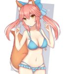  absurdres animal_ears bad_id bad_pixiv_id bikini blue_bikini blue_ribbon bow breasts cleavage collarbone fate/extra fate_(series) fox_ears fox_shadow_puppet fox_tail hair_bow hair_ribbon heart highres large_breasts long_hair looking_at_viewer navel pink_hair rachione ribbon solo swimsuit tail tamamo_(fate)_(all) tamamo_no_mae_(fate) yellow_eyes 
