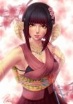  armpits au_ra bangs bare_shoulders black_bra black_hair blunt_bangs blurry bra branch breasts brown_eyes cleavage collarbone commission dragon_girl dragon_horns final_fantasy final_fantasy_xiv flower gradient_hair hair_flower hair_ornament hand_up head_tilt horns jewelry lips looking_at_viewer makeup mascara medium_breasts multicolored multicolored_eyes multicolored_hair necklace outstretched_arm parted_lips pink_flower pleated_skirt red_hair red_skirt sash scales short_hair_with_long_locks sidelocks signature skirt sleeveless smile solo umigraphics underwear yellow_eyes 