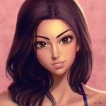  bare_shoulders blurry brown_eyes brown_hair chromatic_aberration collarbone commission dark_skin grin head_tilt lipstick long_hair looking_at_viewer makeup mascara nose original pink_background pink_lipstick portrait signature smile solo spaghetti_strap umigraphics 