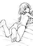  1girl ass barefoot blush controller feet highres long_hair looking_at_viewer looking_back monochrome on_stomach pocky soles toes topless 