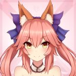  animal_ears bad_id bad_pixiv_id bare_shoulders blue_ribbon blush collarbone fate/extra fate_(series) fox_ears hair_ribbon highres long_hair looking_at_viewer pink_hair rachione ribbon solo tamamo_(fate)_(all) tamamo_no_mae_(fate) upper_body yellow_eyes 