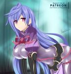  bent_over blue_hair cosplay eyebrows_visible_through_hair fate_(series) iris_heart kami_jigen_game_neptune_v long_hair looking_at_viewer minamoto_no_raikou_(fate/grand_order) minamoto_no_raikou_(fate/grand_order)_(cosplay) neppedwaifu neptune_(series) patreon_username power_symbol red_eyes signature smile solo symbol-shaped_pupils 