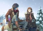 2girls blue_hair boots brown_hair camera car chloe_price coat day gift gift_box gloves jacket life_is_strange looking_at_another max_caulfield mountain multiple_girls outdoors pants scarf shirt shoes short_hair sitting sky smile snow snowing tree trees winter 