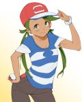  arm_up bangs baseball_cap black_pants blue_shirt bracelet closed_mouth collarbone contrapposto cosplay cowboy_shot eyebrows_visible_through_hair gradient gradient_background hand_on_headwear hat holding holding_poke_ball jewelry long_hair looking_at_viewer low_twintails mao_(pokemon) ninchan pants poke_ball poke_ball_(generic) pokemon pokemon_(anime) pokemon_sm_(anime) red_hat satoshi_(pokemon) satoshi_(pokemon)_(cosplay) shirt short_sleeves smile solo standing striped striped_shirt swept_bangs twintails white_background 