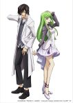  1girl arm_up bangs bare_legs black_footwear black_hair black_pants breasts c.c. chiba_yuriko cleavage_cutout code_geass commentary_request company_name dress green_hair grey_dress grey_vest hand_on_own_head high_heels jacket lavender_footwear layered_dress lelouch_lamperouge light_smile long_hair looking_at_viewer medium_breasts official_art pants purple_eyes shirt shoes simple_background vest watermark white_background white_jacket white_shirt yellow_eyes 