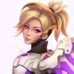  armor blonde_hair bodysuit closed_mouth commission eyeliner from_behind hair_tie lips looking_at_viewer looking_back makeup mascara mechanical_halo mechanical_wings mercy_(overwatch) nose overwatch ponytail portrait purple_eyes short_hair short_ponytail signature simple_background smile solo turtleneck umigraphics white_armor white_background wings 