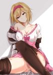  armor ass bare_shoulders blonde_hair boots bow breasts brown_eyes brown_footwear censored cleavage collarbone commentary_request cum cuts djeeta_(granblue_fantasy) dress empty_eyes eyebrows_visible_through_hair frilled_dress frills granblue_fantasy hairband head_tilt highres injury large_breasts looking_to_the_side mosaic_censoring no_panties off_shoulder parted_lips pink_bow pink_hairband piro_(iiiiiiiiii) shadow short_hair simple_background sitting solo thigh_boots thighhighs torn_clothes torn_dress underwear white_background 