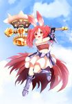  :d animal_ears armor armored_boots axe battle_axe black_gloves blue_sky blush boots bunny_ears chimame_chronicle cloud day fang faulds full_body fur_trim gloves gochuumon_wa_usagi_desu_ka? joutarou_(vv-kancole) long_hair midriff natsu_megumi navel open_mouth red_eyes red_hair skirt sky smile solo spiked_gauntlets strapless swinging tubetop twintails vambraces weapon white_skirt 