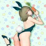  animal_ears aqua_background aqua_footwear aqua_hairband aqua_leotard ass back bangs bare_arms bare_shoulders breasts bunny_tail bunnysuit carrot eyebrows_visible_through_hair fake_animal_ears fake_tail food from_behind green_eyes green_hair hairband heterochromia high_heels holding holding_food idolmaster idolmaster_cinderella_girls leg_up leotard looking_at_viewer looking_back medium_hair mole mole_under_eye parted_lips shoukaki_(earthean) shoulder_blades sideboob small_breasts smile solo standing standing_on_one_leg star starry_background tail takagaki_kaede thighs two-handed vegetable wrist_cuffs 