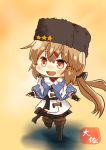  :d artist_name black_gloves black_hat black_skirt blue_shawl blush boots bow brown_eyes brown_hair brown_legwear chibi commentary_request eyebrows_visible_through_hair fingerless_gloves full_body gloves hair_between_eyes hair_ornament hairclip hat highres jacket kantai_collection long_hair long_sleeves looking_at_viewer miniskirt open_mouth pantyhose papakha pleated_skirt red_eyes scarf shawl simple_background skirt smile solo star taisa_(kari) tashkent_(kantai_collection) torn_clothes torn_scarf twintails white_jacket white_scarf 