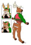  2017 4_fingers absurd_res animate_inanimate anthro antlers backsack balls bell bit_gag blackshirtboy bottomless brown_nose butt cervine clothed clothing comic digital_drawing_(artwork) digital_media_(artwork) fur gag gagged hair harvey_(james_newland) hat hi_res hooves horn inflatable lagomorph living_inflatable long_ears male mammal nozzle open_mouth pink_nose pool_toy rabbit reindeer rubber sequence shiny simple_background smile solo standing sweater teeth transformation tree white_background white_fur 