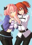  1girl astolfo_(fate) bangs belt belt_buckle black_legwear black_skirt blue_background blush buckle chaldea_uniform closed_eyes collared_shirt commentary_request eating eyebrows_visible_through_hair fate/apocrypha fate/grand_order fate_(series) food food_on_face fujimaru_ritsuka_(female) hair_ornament hair_scrunchie holding holding_food jacket long_hair long_sleeves miniskirt multicolored_hair nu_(plastic_eraser) open_clothes open_jacket open_mouth orange_hair orange_scrunchie otoko_no_ko pantyhose pink_hair pleated_skirt purple_jacket purple_shirt scrunchie shiny shiny_hair shirt side_ponytail simple_background skirt smile standing streaked_hair striped striped_shirt very_long_hair white_hair white_shirt yellow_eyes 
