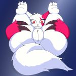  2018 butt claws digital_media_(artwork) female fur herpestid infamousrel looking_at_viewer lying mammal nintendo on_back paws pok&eacute;mon pok&eacute;mon_(species) pokeandpenetrate presenting pussy simple_background solo solo_focus spreading toe_claws video_games white_fur zangoose 