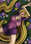  2018 blonde_hair blue_eyes breasts clothed clothing digital_drawing_(artwork) digital_media_(artwork) disney equine female flower hair horse looking_at_viewer mammal open_mouth plant rapunzel sevenarms smile solo spread_legs spreading tangled_(movie) 