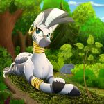  blue_eyes equine female forest friendship_is_magic gold_(metal) grass lying mammal moss my_little_pony neck_rings piercing solo tree twotail813 zebra zecora_(mlp) 
