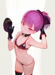  bangs bikini black_bra black_gloves black_legwear black_panties blunt_bangs bow bra buckle closed_mouth collarbone fate/grand_order fate_(series) flat_chest gloves hair_bow hair_ornament hat hat_removed headphones headphones_around_neck headwear_removed helena_blavatsky_(fate/grand_order) helena_blavatsky_(swimsuit_archer)_(fate) highres looking_at_viewer navel panties ponytail purple_eyes purple_hair short_hair simple_background solo swimsuit thighhighs throat_microphone tim_loechner underwear 