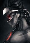  alternate_costume black_background blackwatch_genji blurry cable collarbone cyborg face_mask from_side genji_(overwatch) glowing glowing_eye looking_away male_focus mask overwatch power_armor profile red_eyes scar serious solo spiked_hair spot_color umigraphics upper_body 