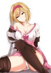  armor ass bare_shoulders blonde_hair boots bow breasts brown_eyes brown_footwear cleavage collarbone commentary_request djeeta_(granblue_fantasy) dress empty_eyes eyebrows_visible_through_hair frilled_dress frills granblue_fantasy hairband head_tilt highres large_breasts looking_to_the_side off_shoulder panties pantyshot pantyshot_(sitting) parted_lips pink_bow pink_hairband piro_(iiiiiiiiii) shadow short_hair simple_background sitting solo thigh_boots thighhighs torn_clothes torn_dress underwear white_background white_panties 