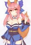  absurdres animal_ears bad_id bad_pixiv_id blue_legwear breasts cleavage collarbone detached_sleeves fate/extra fate/grand_order fate_(series) fox_ears fox_shadow_puppet fox_tail highres japanese_clothes large_breasts light_smile long_hair looking_at_viewer petals pink_hair rachione simple_background solo tail tail_raised tamamo_(fate)_(all) tamamo_no_mae_(fate) thighhighs white_background yellow_eyes 