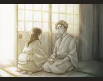  1girl crying door eye_contact floor graphite_(medium) indoors long_hair long_sleeves looking_at_another looking_away machi_(ch1ja) mechanical_pencil original parted_lips pencil seiza sitting traditional_media 