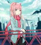  absurdres adore_(adoredesu) aqua_eyes bangs bird black_pants blurry blurry_background candy cellphone cityscape cloud cloudy_sky darling_in_the_franxx eyebrows_visible_through_hair food hairband highres holding holding_cellphone holding_food holding_phone horns jacket lollipop long_hair pants phone pink_hair ponytail red_scarf scarf shirt sky solo standing tongue tongue_out white_hairband white_shirt zero_two_(darling_in_the_franxx) 