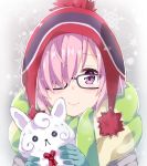  bangs beanie black-framed_eyewear blue_gloves blush closed_mouth commentary_request cosplay creature eyebrows_visible_through_hair fate/grand_order fate_(series) fou_(fate/grand_order) glasses gloves hair_over_one_eye hat holding kagamihara_nadeshiko kagamihara_nadeshiko_(cosplay) looking_at_viewer mash_kyrielight pink_hair purple_eyes red_hat rioshi scarf short_hair sidelocks smile solo striped striped_scarf yurucamp 
