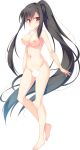  absurdly_long_hair absurdres barefoot black_hair blush breasts censored collarbone eyebrows_visible_through_hair full_body high_ponytail highres large_breasts long_hair looking_at_viewer navel nipples non-web_source nude official_art red_eyes shougun-sama_wa_otoshigoro shouna_mitsuishi smile solo tokuda_yoshimune transparent_background very_long_hair 