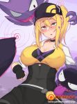  baseball_cap belt blonde_hair blush breasts choker commentary_request cropped_jacket drooling female_protagonist_(pokemon_go) fingerless_gloves gastly gen_1_pokemon gengar gloves green_eyes hat haunter highres hypnosis large_breasts leggings mind_control patreon_logo patreon_username pokemon pokemon_(creature) pokemon_go ponytail yanje 