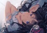  bangs black_hair blunt_bangs breasts buttons commentary downblouse long_hair long_sleeves looking_at_viewer lying no_bra on_back open_mouth original purple_eyes shirt small_breasts waking_up white_shirt yasumo_(kuusouorbital) 